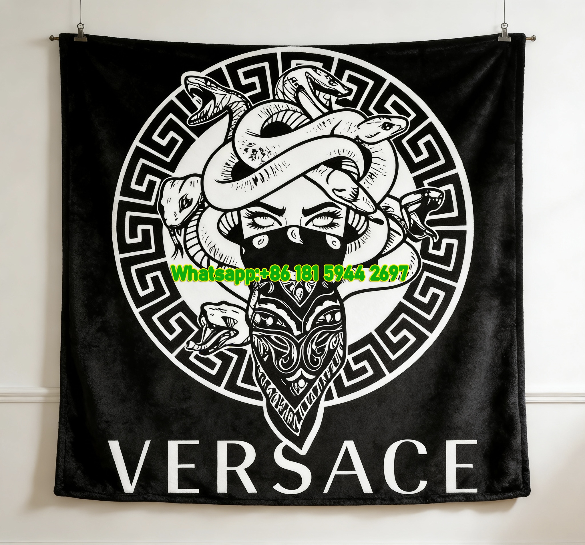 Versace Black White Medusa Snake Bandana Print Flannel Sofa Throw Blanket IMG_1420